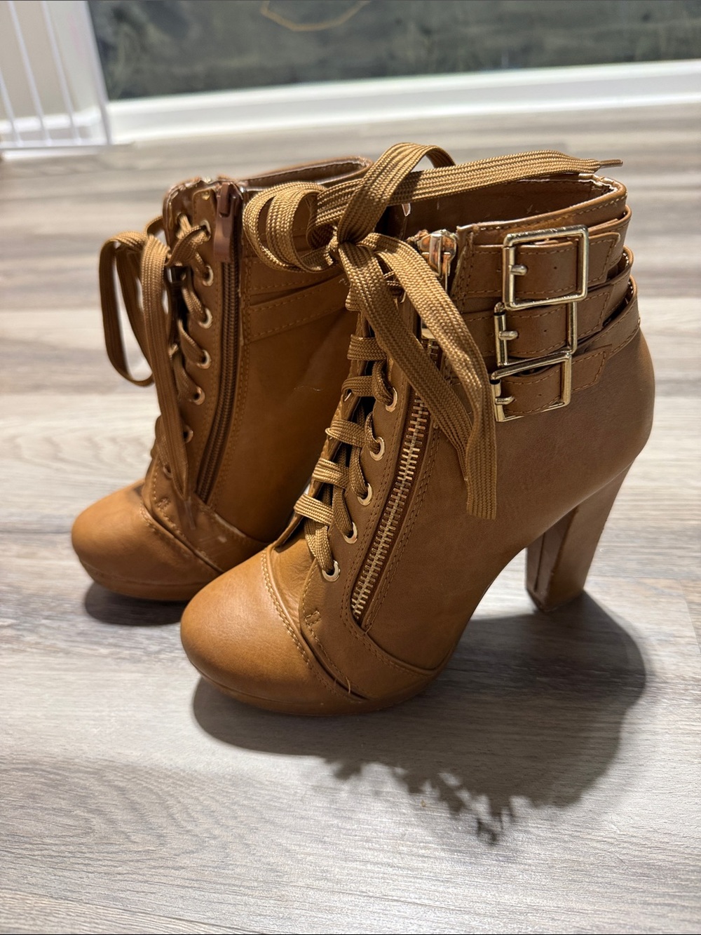 Women’s Tan Lace-Up High Heel Ankle Boots